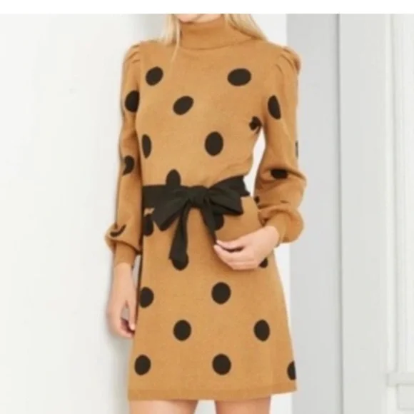 Who What Wear Tan Mocha Polka Cowl Neck Balloon Sleeve Sweater Midi Dress M - Picture 3 of 12